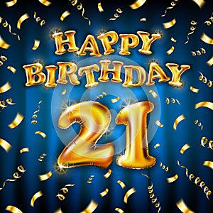 21 Happy Birthday message made of golden inflatable balloon twenty one letters isolated on blue background fly on gold ribbons