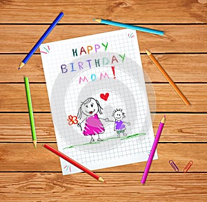 Happy Birthday Mom. Children Hand Drawn Card