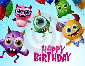 Happy birthday with monster characters vector design. Happy birthday text in flying little monsters creature with colorful balloon