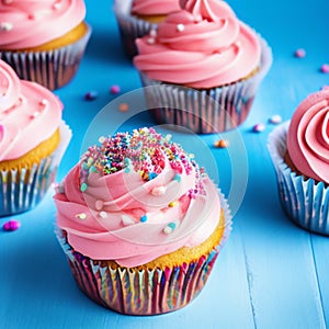 happy birthday, my cake. delicious cupcakes with pink cream frosting and colorful sprinkles 10