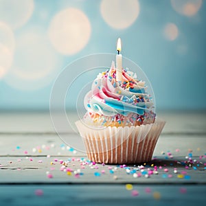 Happy birthday, my cake. Delicious cupcakes with pink cream frosting and colorful sprinkles 14