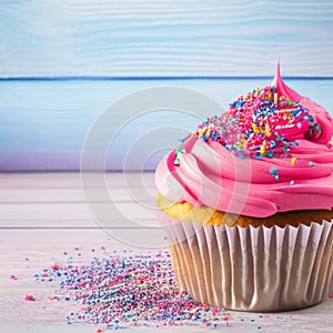 Happy birthday, my cake. Delicious cupcakes with pink cream frosting and colorful sprinkles 16