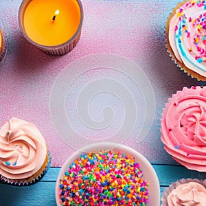 Happy birthday, my cake. Delicious cupcakes with pink cream frosting and colorful sprinkles 2