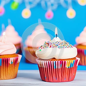 Happy birthday, my cake. Delicious cupcakes with pink cream frosting and colorful sprinkles 4