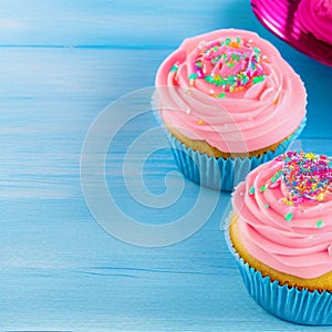 Happy birthday, my cake. Delicious cupcakes with pink cream frosting and colorful sprinkles 5