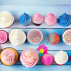 Happy birthday, my cake. Delicious cupcakes with pink cream frosting and colorful sprinkles 8