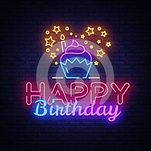 Happy Birthday neon sign vector design template. Happy Birthday neon logo, light banner design element colorful modern