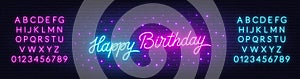 Happy Birthday neon text on brick wall background