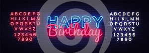 Happy Birthday Neon Text Vector. Happy Birthday neon sign, design template, modern trend design, night neon signboard