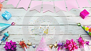 Happy birthday number 54. Copyspace. Beautiful card in pastel pink colors for a woman or a girl. Decorations festive place for yo
