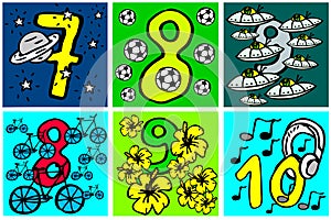 Happy birthday numbers to play and learning numbers with pictures about hobbies from 7-10 for kids