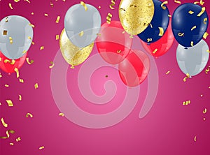 Happy Birthday party with balloons and ribbons on pink background with space for your text