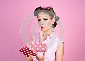 Happy birthday. Party celebration. pinup girl with fashion hair. retro woman on berthday party. pin up woman with trendy photo