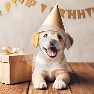Happy Birthday party concept. Funny cute puppy dog wearing birthday silly hat