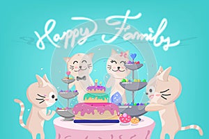 Happy Birthday party, cute kitten family celebration, confetti falling, adorable animal, cat cartoon characters collection holiday