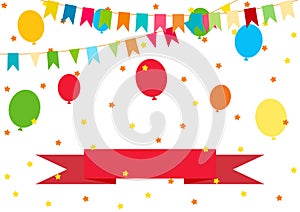 Happy Birthday, Party decor. Vector carnaval colorful pattern. Kids festive background with confetti, paper flags, balloons and ri