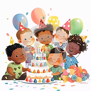 Happy birthday party friends. Cartoon illustration of kids celebrating a birthday with cake and balloons, isolated on white