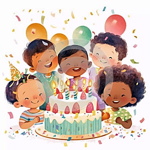 Happy birthday party friends. Cute cartoon little kids celebrating a birthday with a cake, confetti and candles