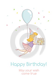 Happy birthday party greeting card invitation funny girl character flying with balloon and birthday cake with candles. Line flat