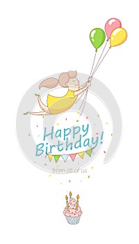 Happy birthday party greeting card invitation funny girl character flying with balloons. Line flat design kid`s style