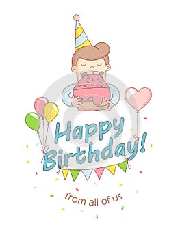 Happy birthday party greeting card invitation funny kid character eating birthday cake. Text with flying baloons and decoration.