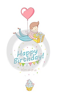 Happy birthday party greeting card invitation funny kid character flying with heart balloon holding present. Line flat design kid