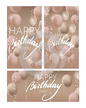 HAPPY BIRTHDAY party invitation card with levitating beige serpentine and air balloons.