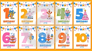 Happy Birthday party invitation set in retro groovy style. Funky walking character and number 1,2,3,4,5,6,7,8,9,10