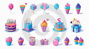 Happy Birthday Party line icon set. Included the icons as celebration, anniversary, party, congratulation, cake, gift,