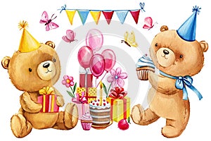 Happy birthday party set with bear, isolated for card, invitation. Watercolor teddy bears, cake, gift and balloon