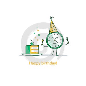 Happy birthday, party time, event celebration, piece of cake, funny illustration