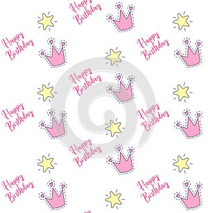 Happy Birthday pattern design with crown and stars for little girl