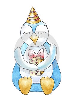 Happy Birthday penguin with gift present