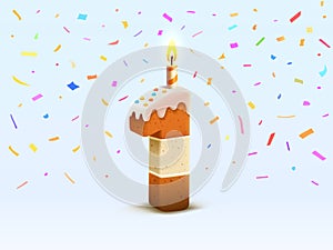 Happy Birthday, person birthday anniversary, Candle with cake in the form of numbers 1. Vector illustration