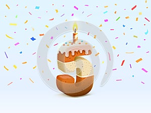 Happy Birthday, person birthday anniversary, Candle with cake in the form of numbers 5. Vector illustration