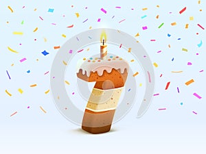 Happy Birthday, person birthday anniversary, Candle with cake in the form of numbers 7. Vector illustration