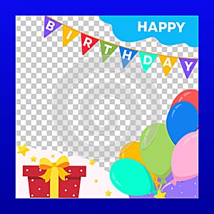 Happy birthday photo frame. Flat cartoon style birthday party photo booth props. Vector illustration