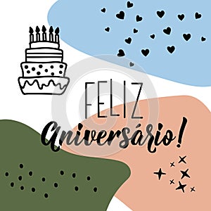 Happy Birthday in Portuguese. Ink illustration with hand-drawn lettering. Feliz Aniversario photo