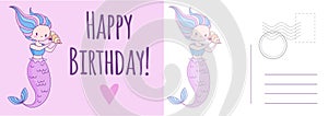 Happy Birthday postcard. Holiday card with mermaid, underwater princess with fish tail letter template with congratulate