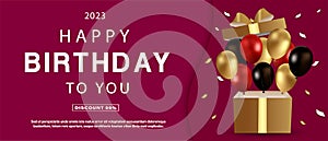 Happy birthday poster or banner. Festive illustration with gift box, black, gold and red balloons, confetti.