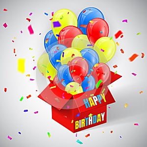 Happy Birthday Poster with confetti and Balloons Bunch flying from open red box. Vector illustration