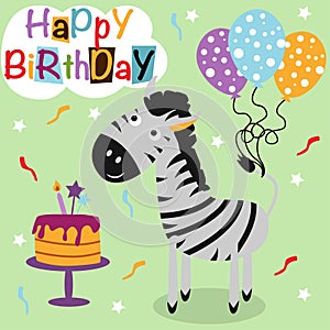 Happy Birthday poster with zebra - vector illustration, eps