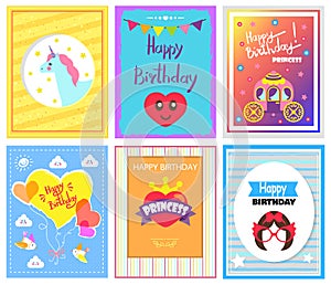 Happy Birthday Princess Cards Vector Illustration