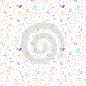 Happy Birthday print. Hand drawn Birthday seamless pattern. Cute doodle party background