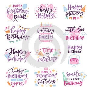 Happy birthday quote anniversary text sign kids birth lettering type with calligraphy letters or textual font for