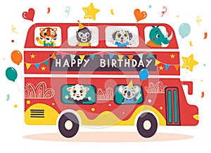 Happy Birthday red double decker celebration bus with cute animals. Cartoon vector illustration isolated on white background