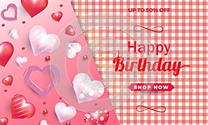 Happy Birthday sale background with  hearts. Vector illustration.  Can be used for template, banners, wallpaper, flyers, invitatio