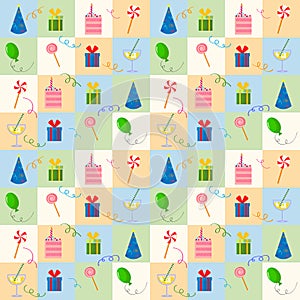 Happy birthday seamless pattern. Party cap, lollipop and piece of cake, confetti and balloon, gift box. Pattern of