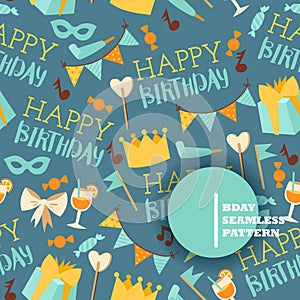 Happy birthday seamless pattern, vector illustration. Isolated symbols of birthday party, fun celebration event