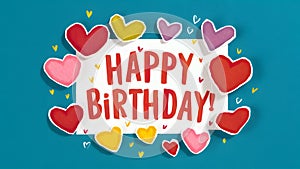 Happy birthday sentiment conveyed card adorned with charming hearts